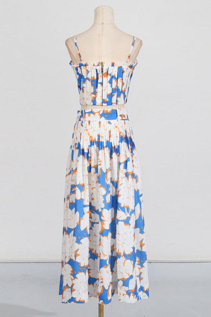 Pleated Floral-Print Linen Bustier Top Skirt Set in Blue