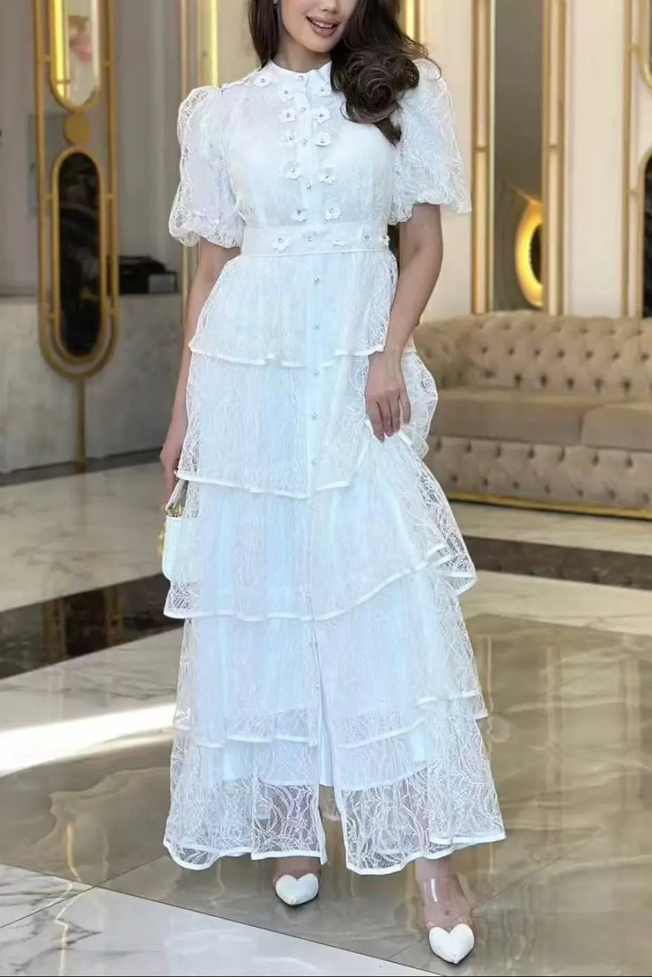 elvira appliqué Lace layer maxi dress in white Avalabel