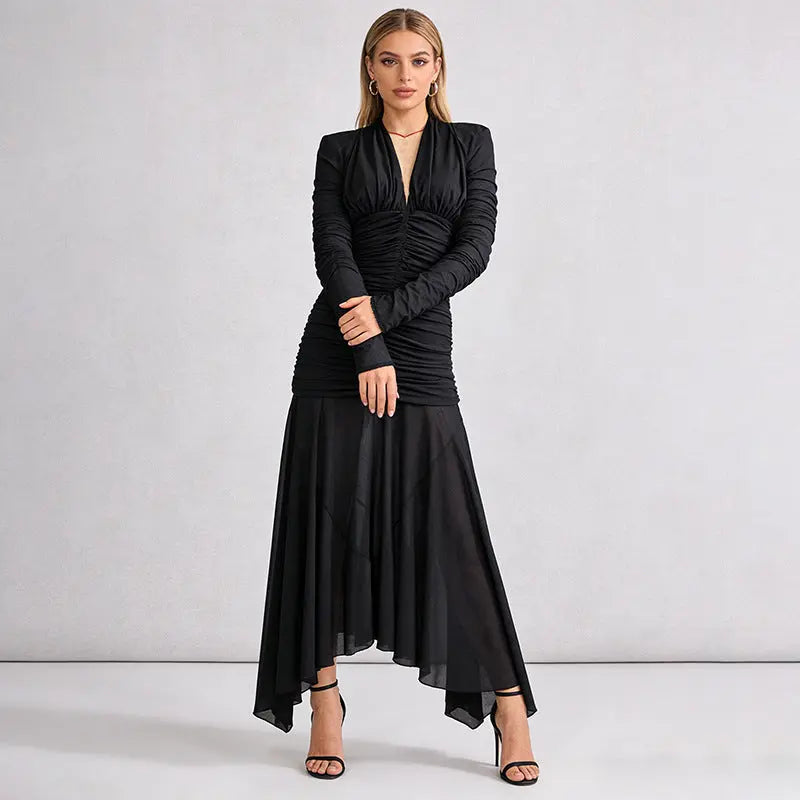 josephine v-neck ruched long-sleeve maxi dress in black Avalabel