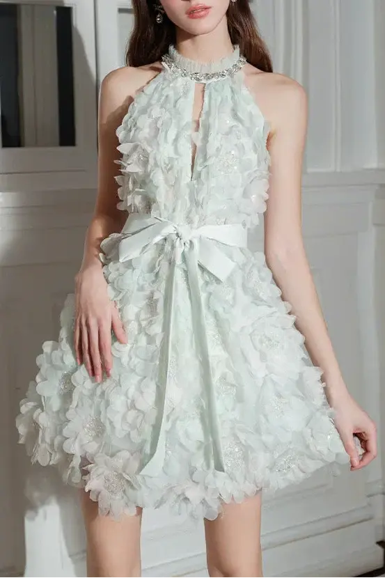 Pastel Green Ribbon Floral wedding guest bridal Dress Avalabel
