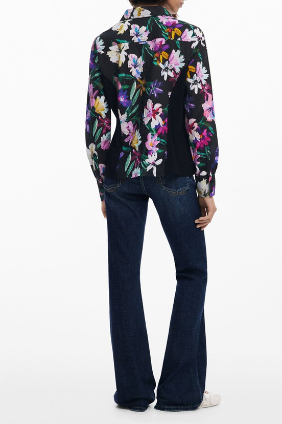 Black Vibrant Floral Print Long Sleeve Button-Down Shirt Avalabel