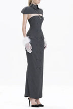 Double-Breasted Strapless Sleeveless Suit with Lapel - Grey Avalabel
