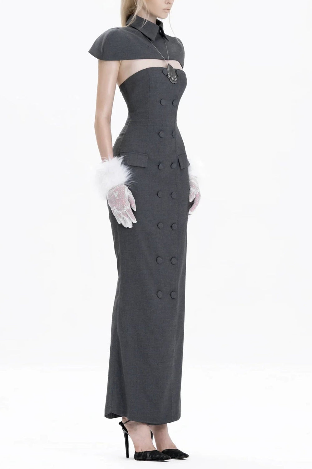 Double-Breasted Strapless Sleeveless Suit with Lapel - Grey Avalabel