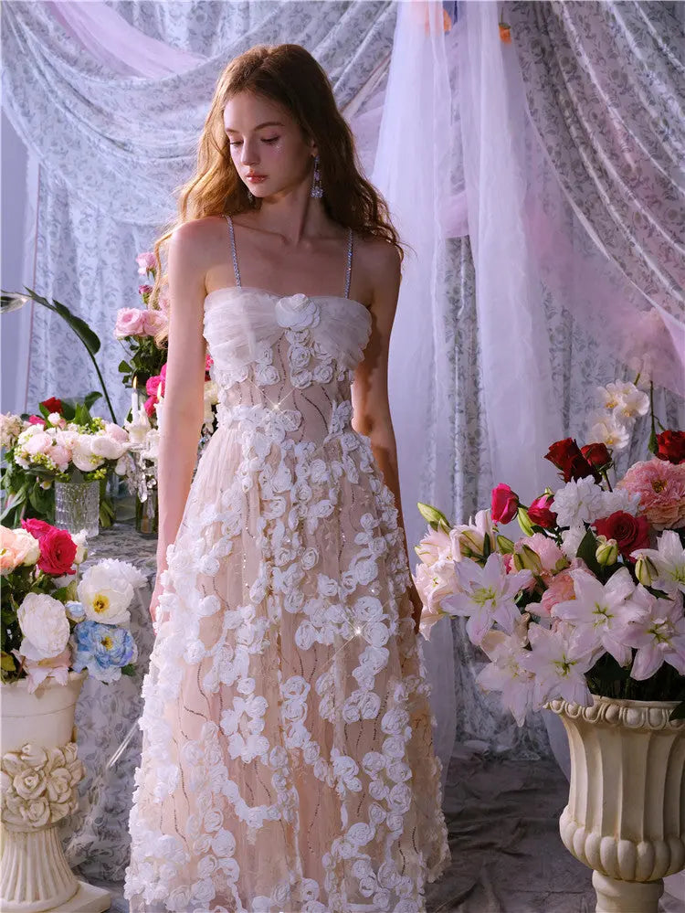 Leah White/Beige Sleeveless  Flower Dress Avalabel
