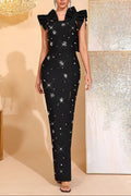 nelly Beading detail ruffle high slit maxi dress in black Avalabel