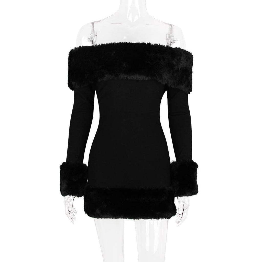 rita Black long-sleeve off-shoulder mini dress with fuzzy details Avalabel