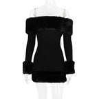 rita Black long-sleeve off-shoulder mini dress with fuzzy details Avalabel