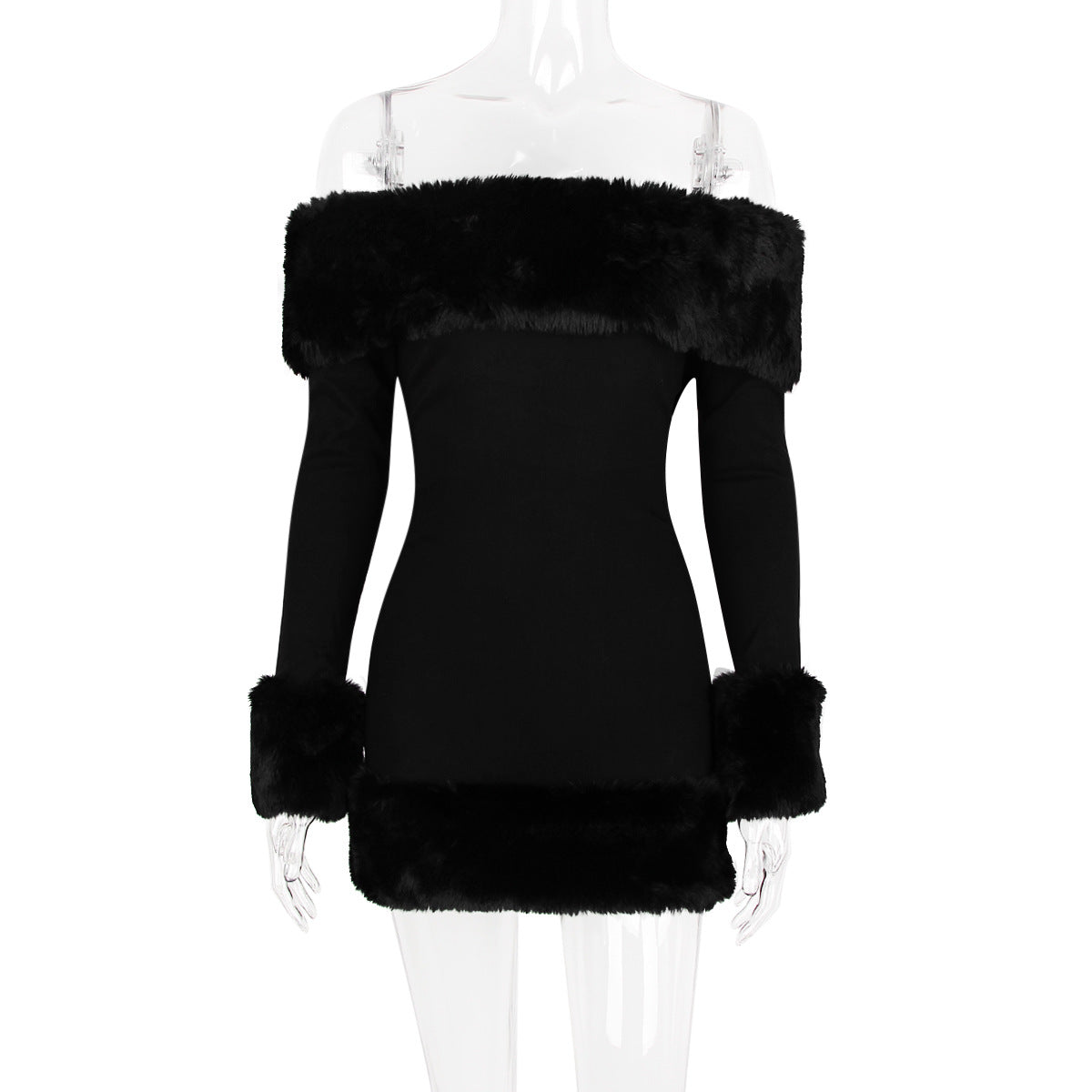 rita Black long-sleeve off-shoulder mini dress with fuzzy details Avalabel