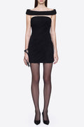Lola Black Off-Shoulder Asymmetrical-Draped Mini Dress Avalabel