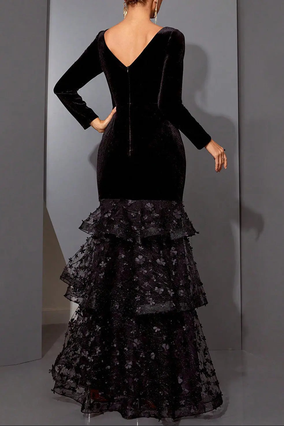 eunice black flower appliqué fishtail layer velvet maxi dress Avalabel