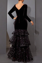 eunice black flower appliqué fishtail layer velvet maxi dress Avalabel