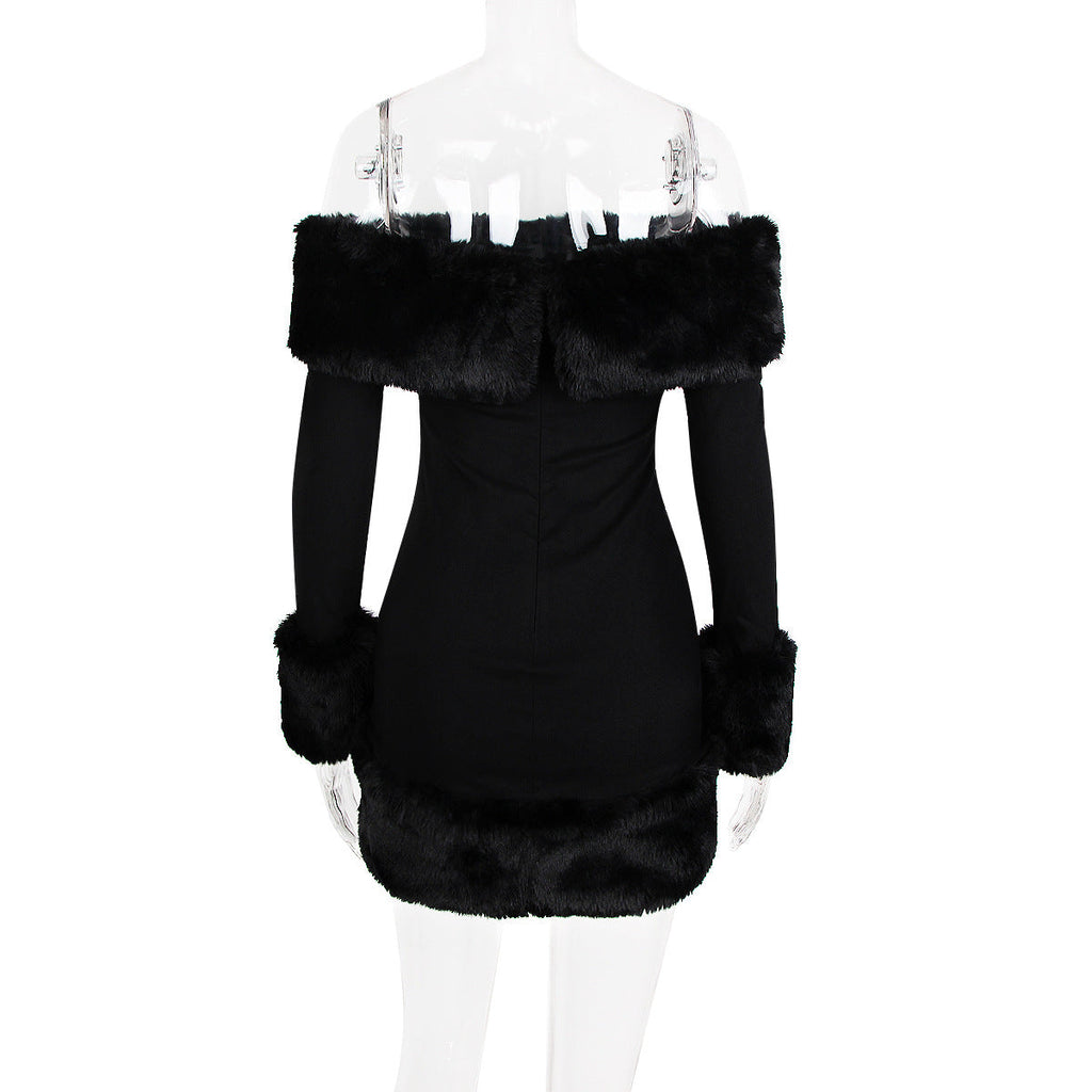 rita Black long-sleeve off-shoulder mini dress with fuzzy details Avalabel