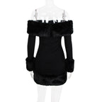 rita Black long-sleeve off-shoulder mini dress with fuzzy details Avalabel