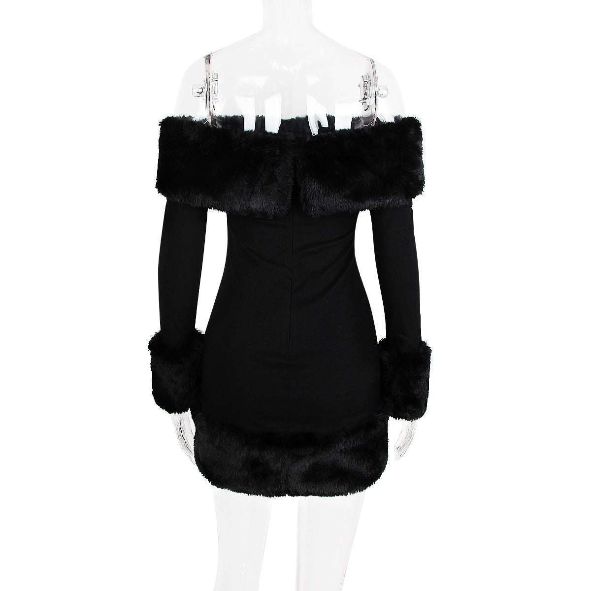 rita Black long-sleeve off-shoulder mini dress with fuzzy details Avalabel