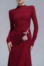 hedwig rose embellished gathered sheath gown in red Avalabel