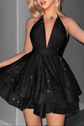 virginia A Line Halter  Tiered mini Dress in black Avalabel