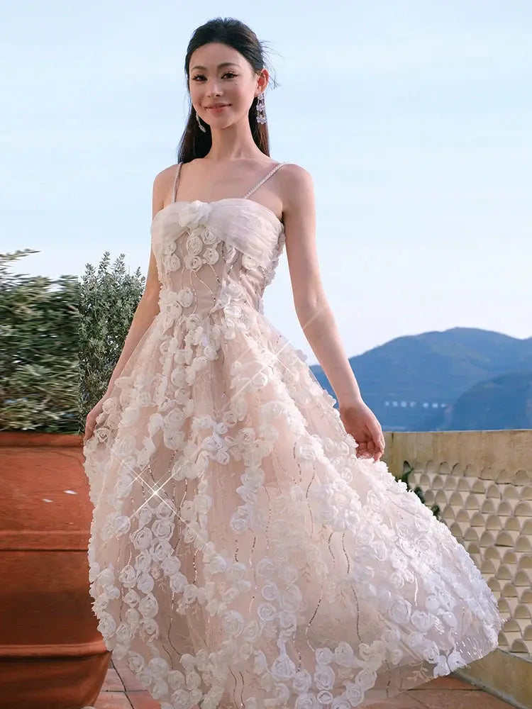 Leah White/Beige Sleeveless  Flower Dress Avalabel