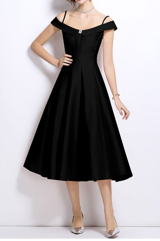 Meroy Off-Shoulder Satin Pleated Midi Dress in Black Avalabel