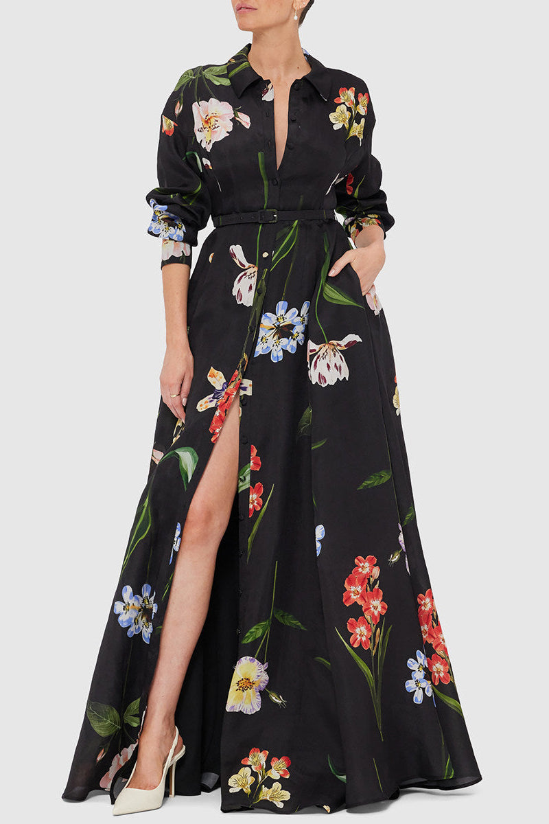 Black Floral Print Belted Shirt Maxi Dress with Slit Avalabel