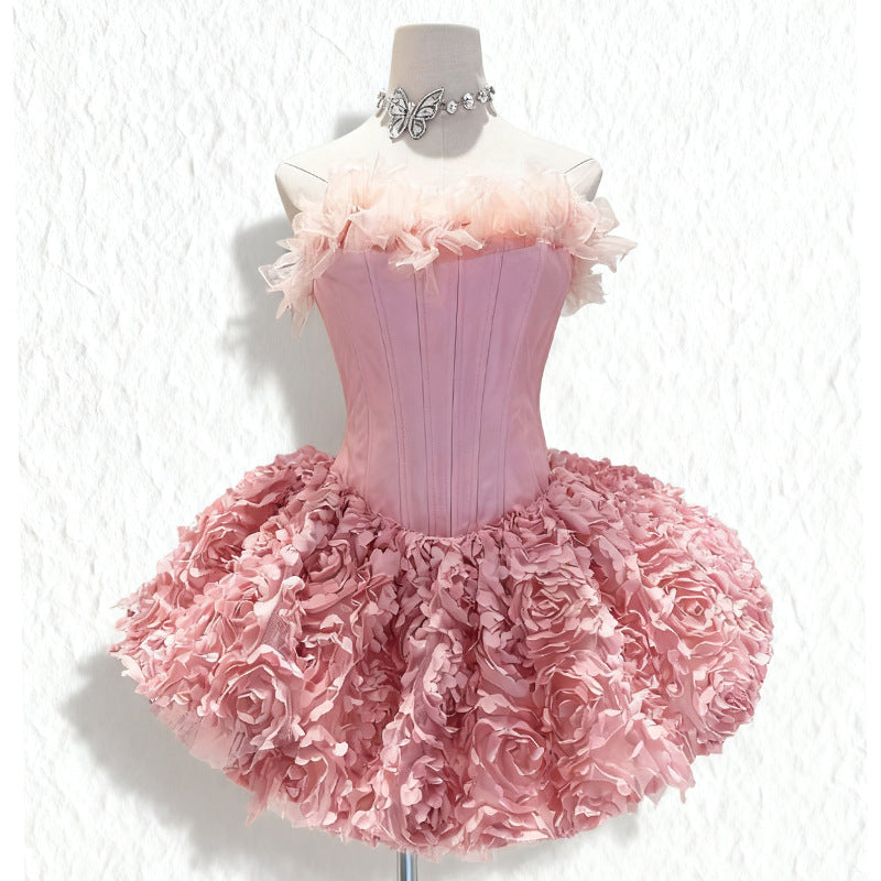 alberta 3d Flower Strapless Mini Dress in pink Avalabel