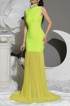 Amy Mesh Stitching Diamond High Collar Bandage Maxi Dress in Green Avalabel