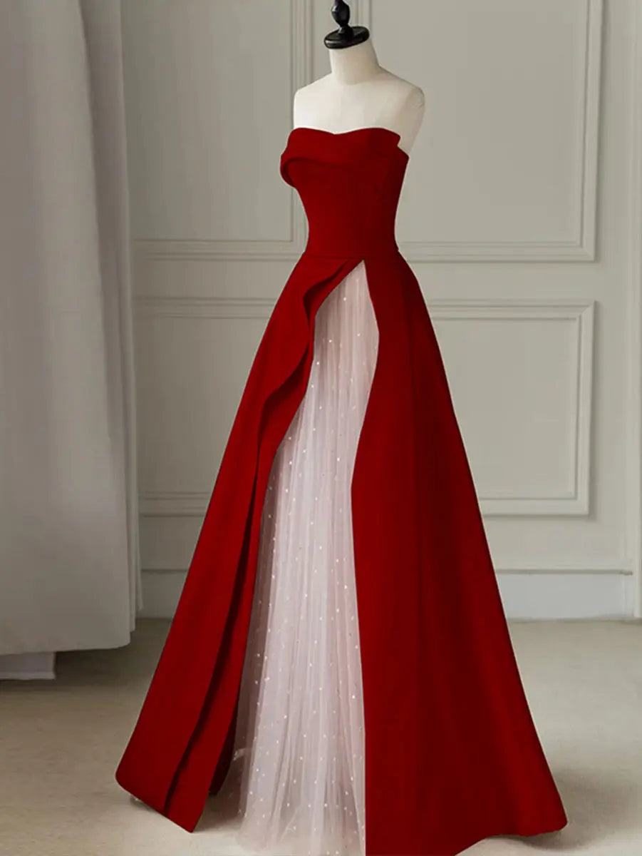 Aline Burgundy Satin sleeveless Long Prom Dress Avalabel