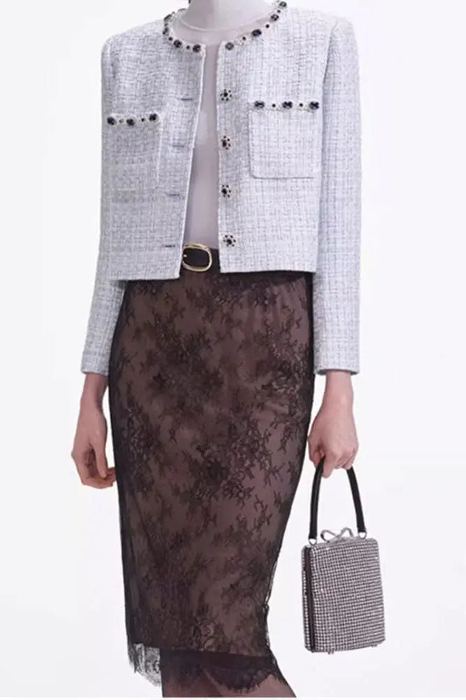 zenobia pale blue beaded Embellished Tweed Jacket Avalabel