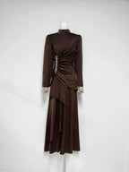 beulah Long sleeves with beading pleated maxi dress in brown Avalabel