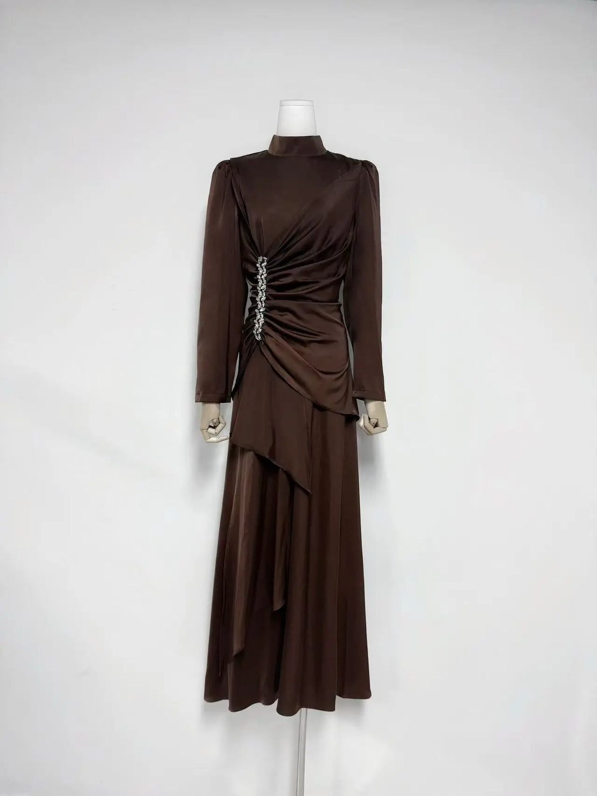 beulah Long sleeves with beading pleated maxi dress in brown Avalabel