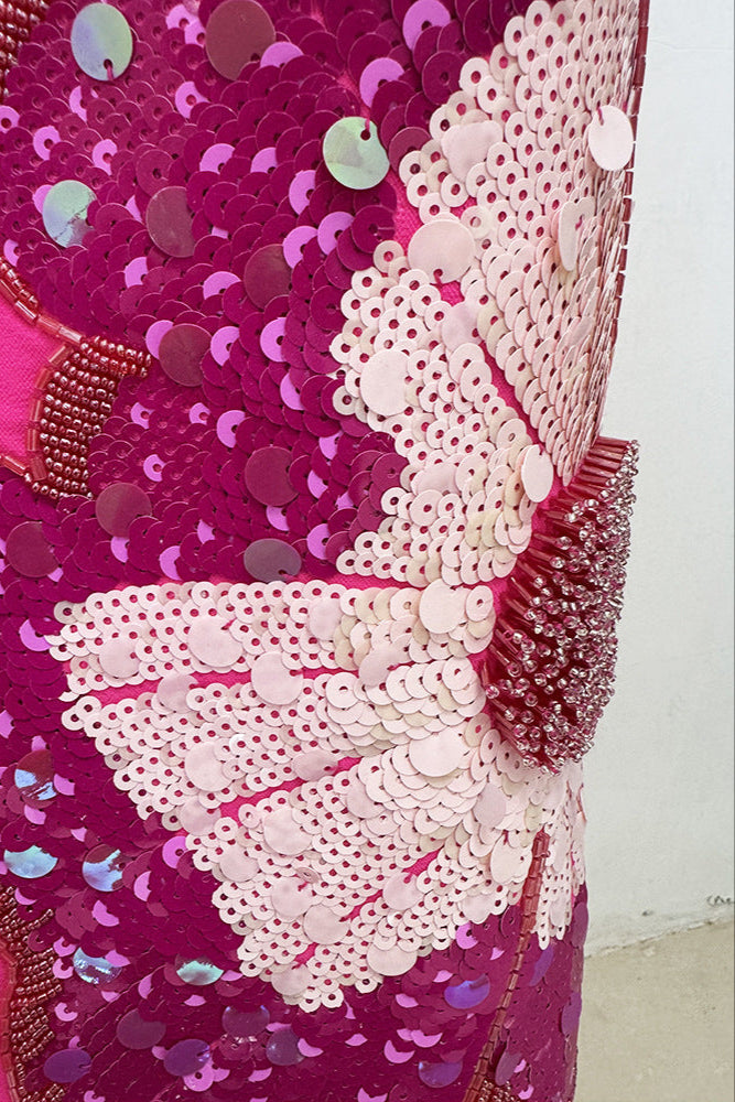 Sequin Flower Embellished Puff Sleeve Midi Dress in Pink Avalabel