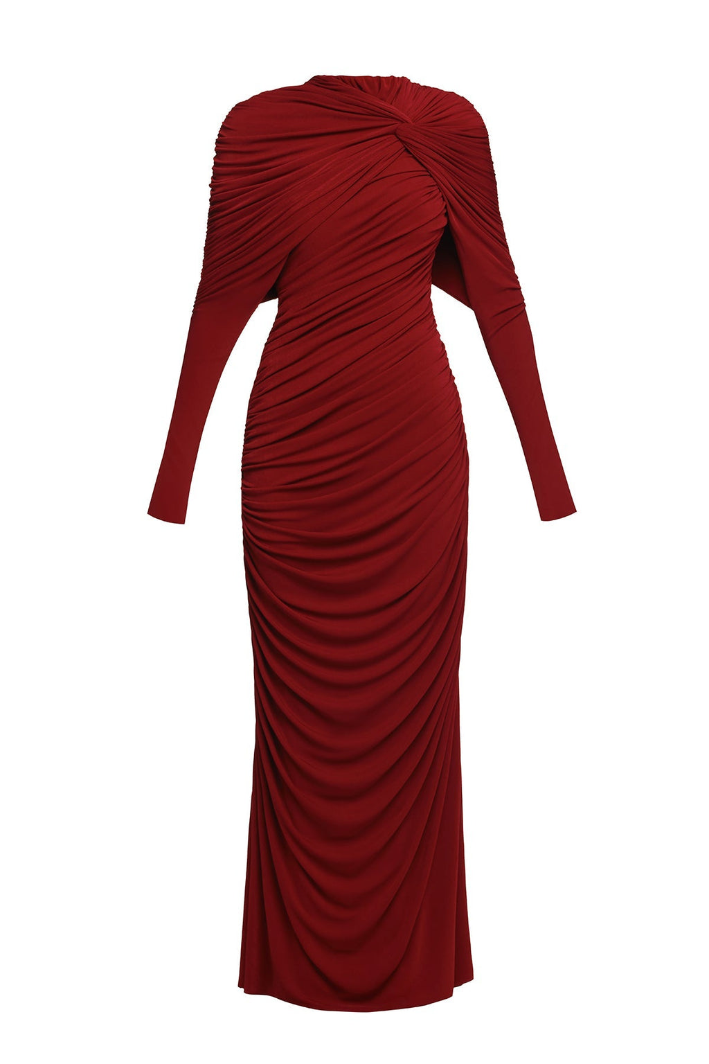 bonnie long sleeve pleated knot bodycon maxi dress in red Avalabel