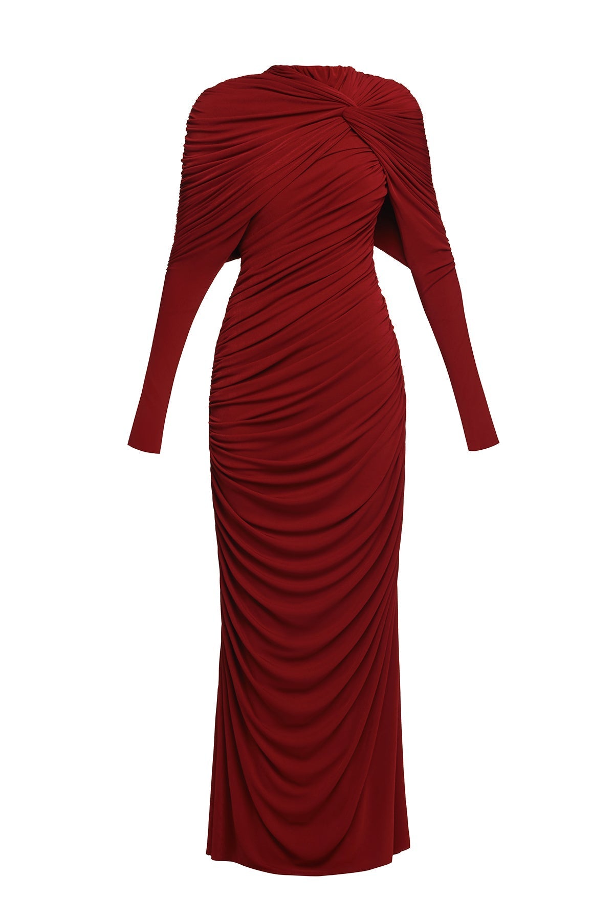 bonnie long sleeve pleated knot bodycon maxi dress in red Avalabel