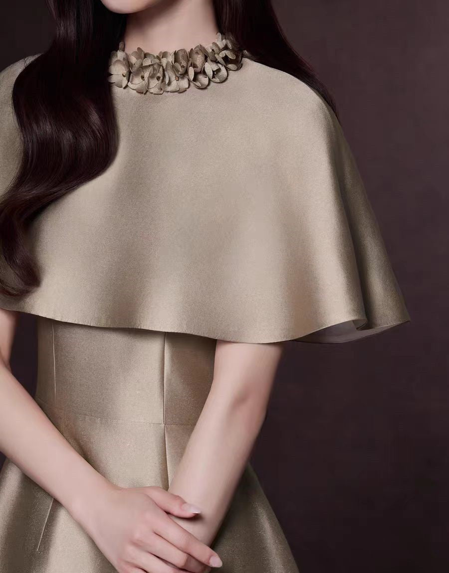 michelle Khaki Cape Satin Midi Dress