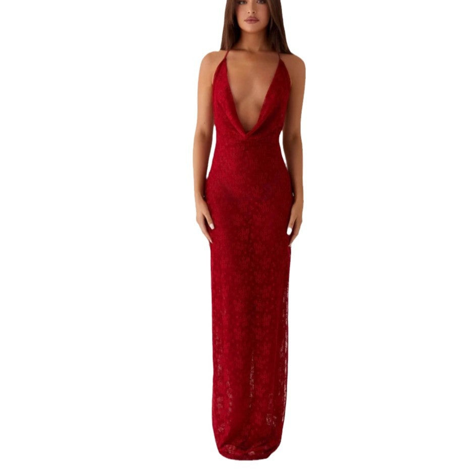 Lace-up Long Dress with Open Back and Spaghetti Straps - Red Avalabel