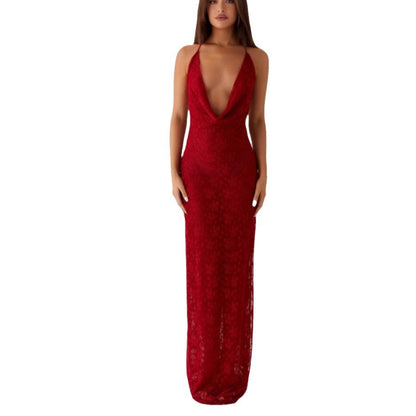 Lace-up Long Dress with Open Back and Spaghetti Straps - Red