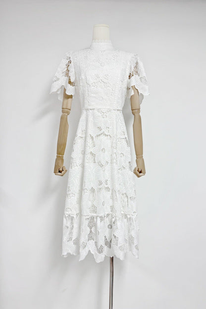 Jessica Lace Hollow Layered Midi Dress in White