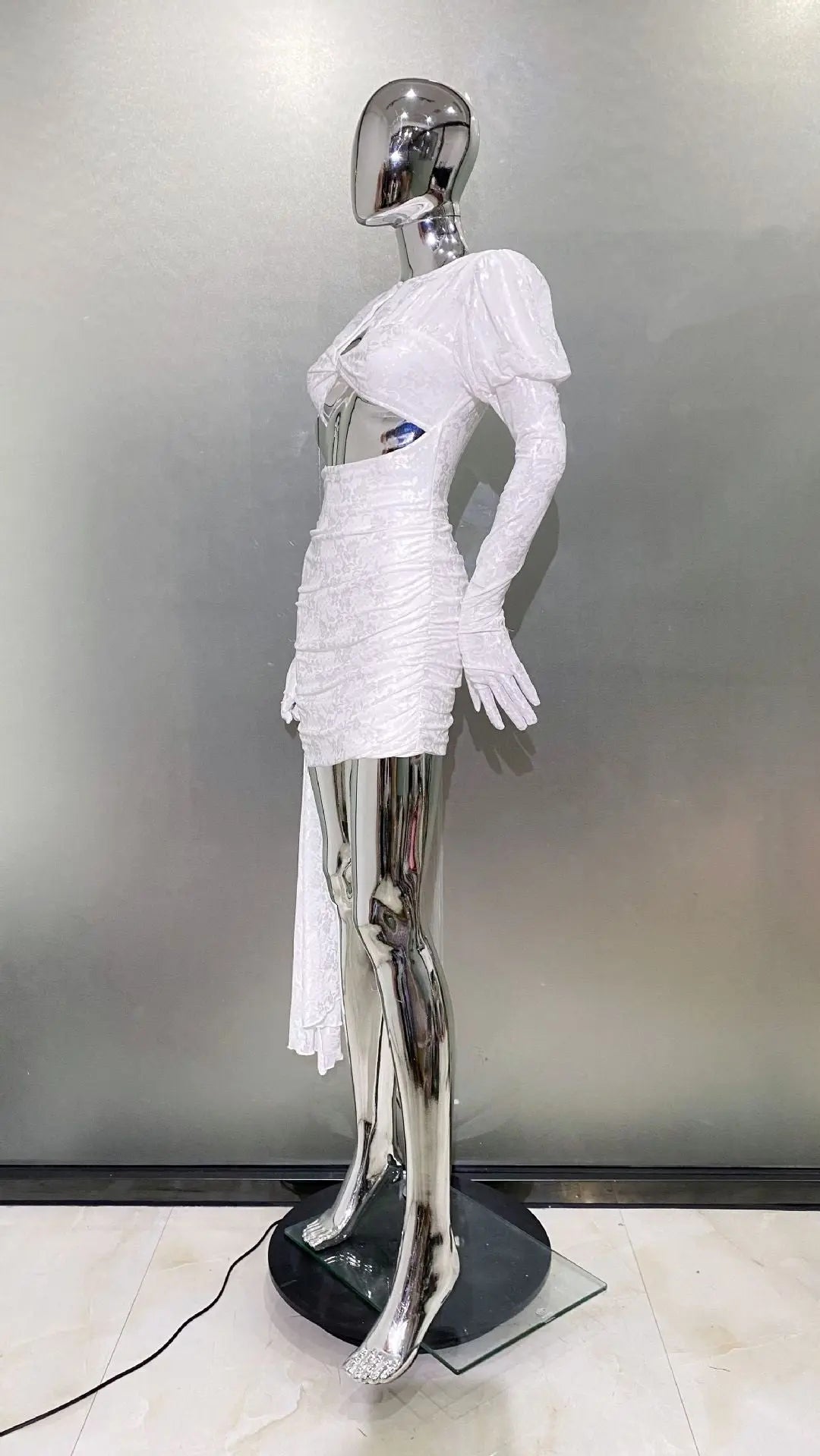 Dariel Floral Jacquard Cutout Draped Mini Dress - White Avalabel