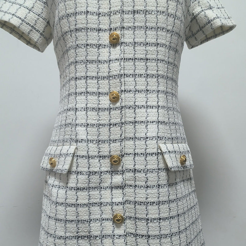 Decorative Buttons Check Mini Dress in White Avalabel