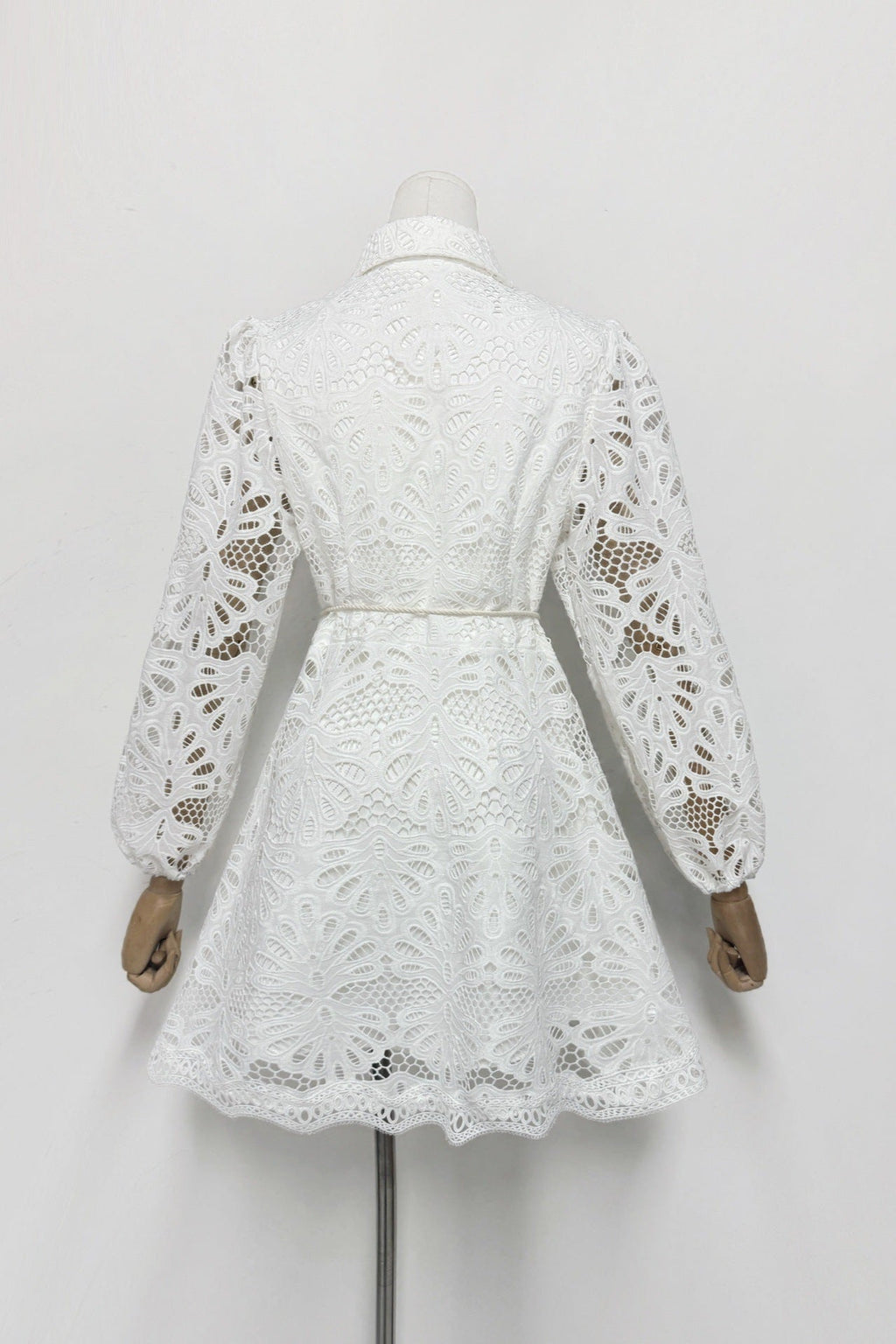 Lapel Hollow Embroidery Puff Sleeve Mini Dress in White Soraya
