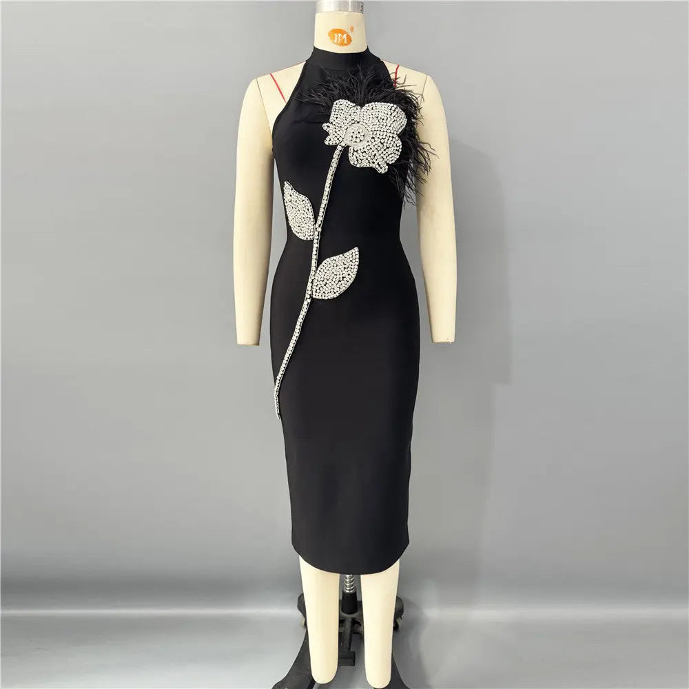 beatrice flower rhinestone feather halter Midi Dress in Black Avalabel