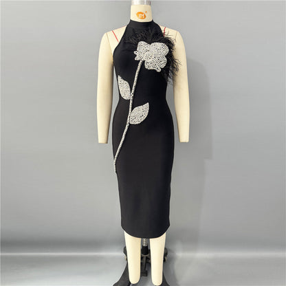 beatrice flower rhinestone feather halter Midi Dress in Black