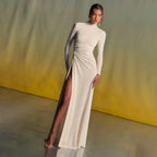 rita Metallic Double Ball Long-Sleeve High-Slit maxi Dress in white Avalabel