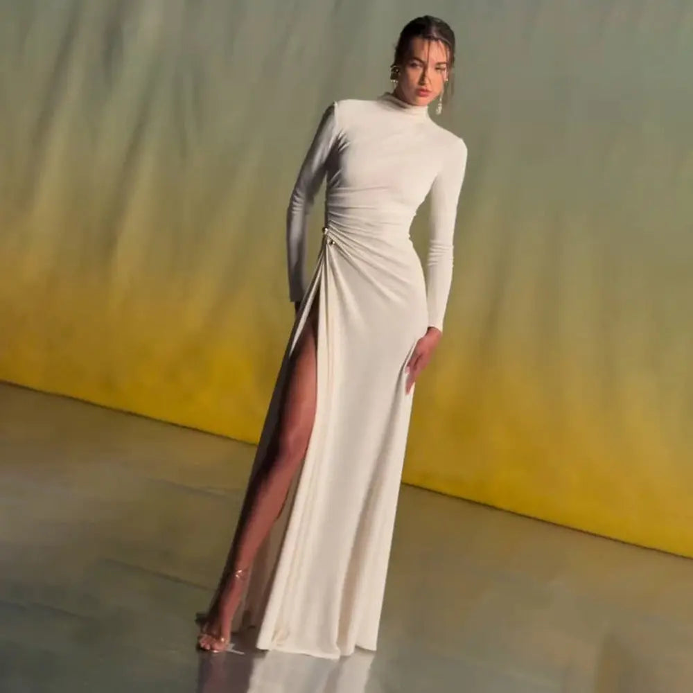 rita Metallic Double Ball Long-Sleeve High-Slit maxi Dress in white Avalabel