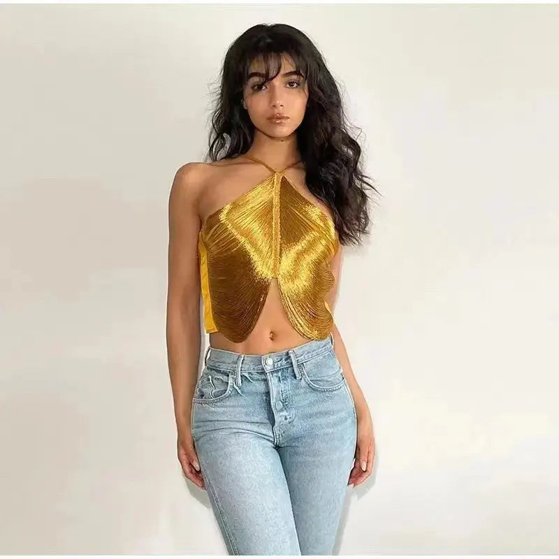 off shoulder camisole vest irregular fringed halterneck top Avalabel