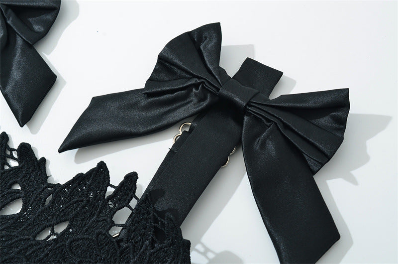 Hermosa Bow Strap Embroidered Lace Maxi Dress in black Avalabel