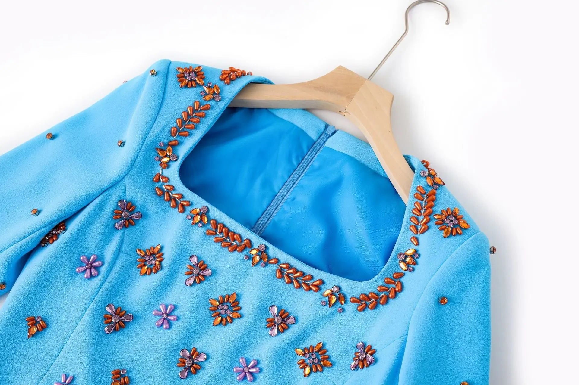meroy square neck floral Beading Embroidery maxi dress in sky blue Avalabel