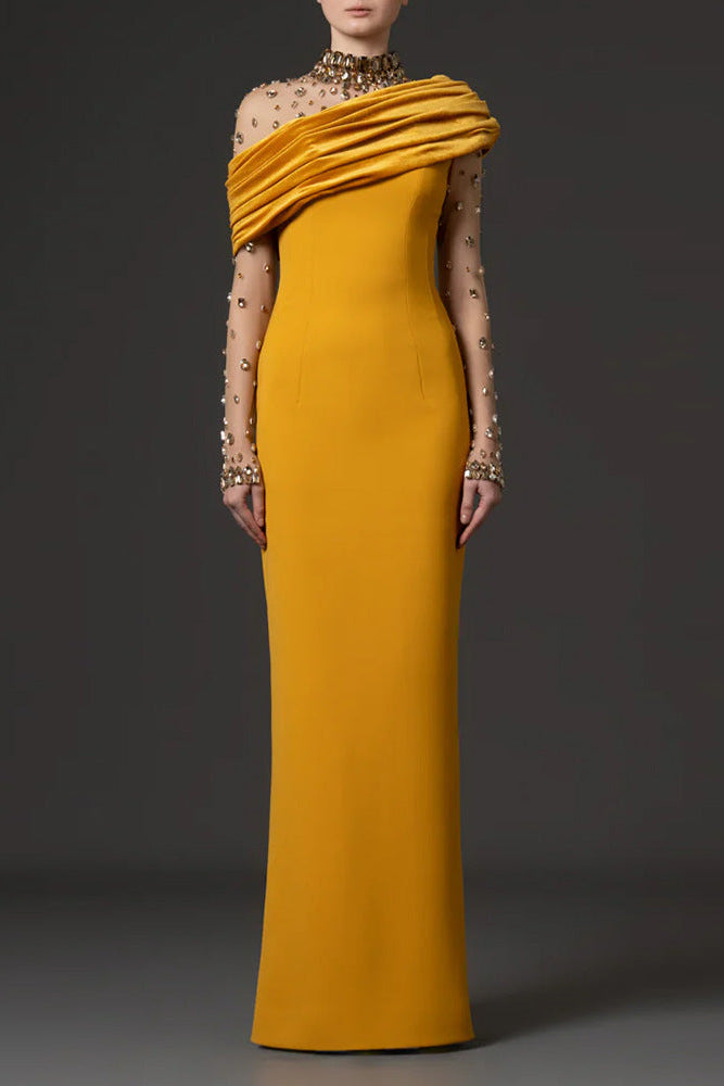 Mesh-Paneled Beaded Rhinestone-Embellished Maxi Dress - Yellow Avalabel