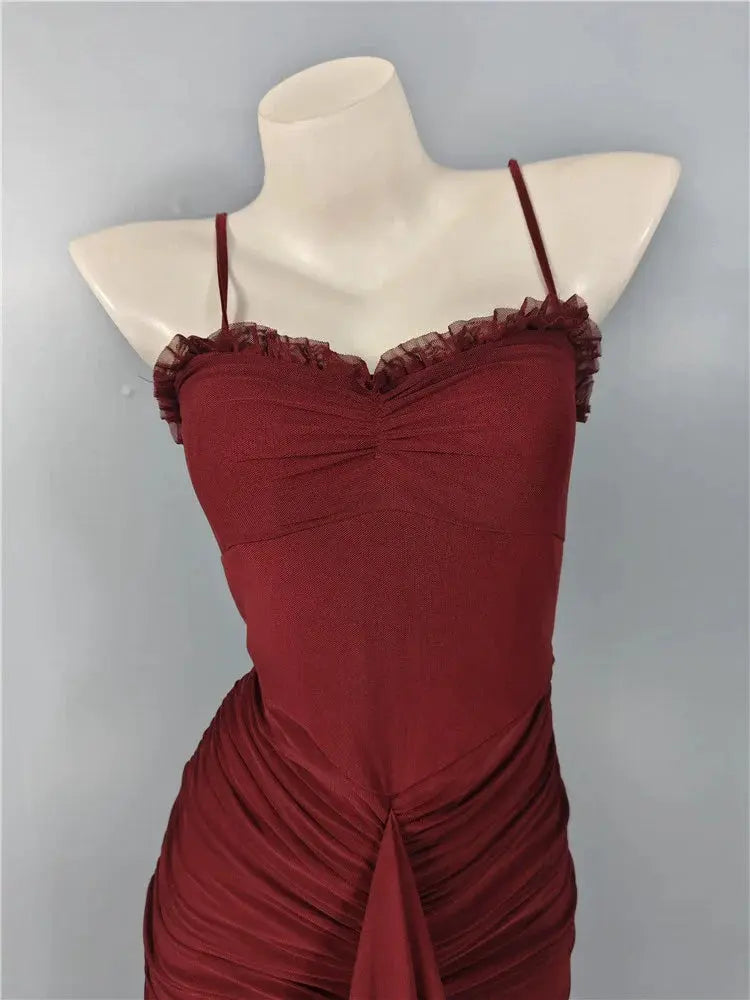Burgundy mesh ruffle waist maxi dress Avalabel
