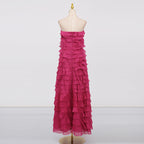 Cathy Pleated Layer Strapless Maxi Dress in Rose Red Avalabel