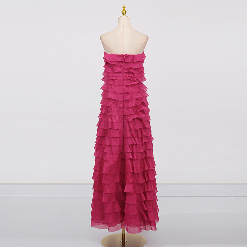 Cathy Pleated Layer Strapless Maxi Dress in Rose Red Avalabel